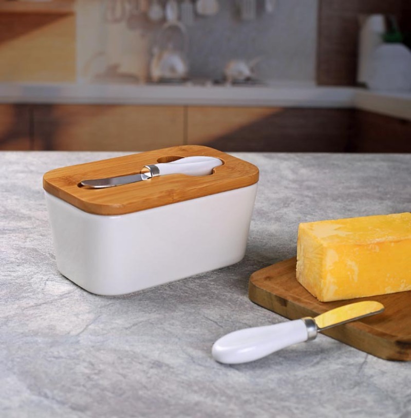 Bamboo Cutlery - Simple Ceramic Butter Dish with Bamboo